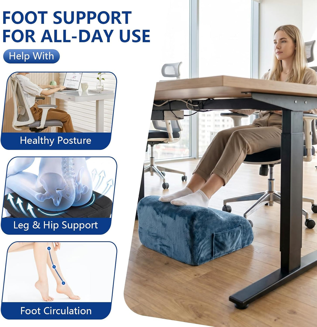 Foot Rest for Under Desk at Work, Ergonomic Under Desk Footrest with Washable Cover, Fit for Office Chair Gaming Chair and Sofa,Leg Elevation Pillow,Supports Posture - Image 3