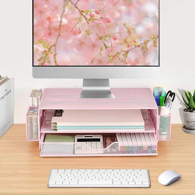 AUPSEN Computer Monitor Stands Riser，2-Tier Desk Organizers and Accessories, Office Desk Accessories Organizer with Drawers and 2 Pen Holder for Office Supplies (Pink) - Image 5
