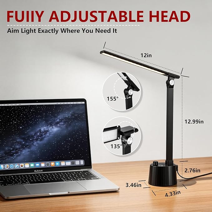 BOHON Small Desk Lamp with USB C Charging Port 5 Colors Stepless Dim Black | Reading Light Space-Saving Rotating Head Desk Lamp for Home Office College Dorm Room Bedside Table Bedroom - Image 6