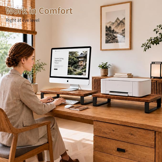 XINYAO 2 Pack Monitor Riser for Desk, Wood and Steel, 16*12*3 inch, Brown | Multi-Purpose Desktop Storage Stand for dual monitor setups, TVs, Laptop, Printer, home office use, or gift giving - Image 3