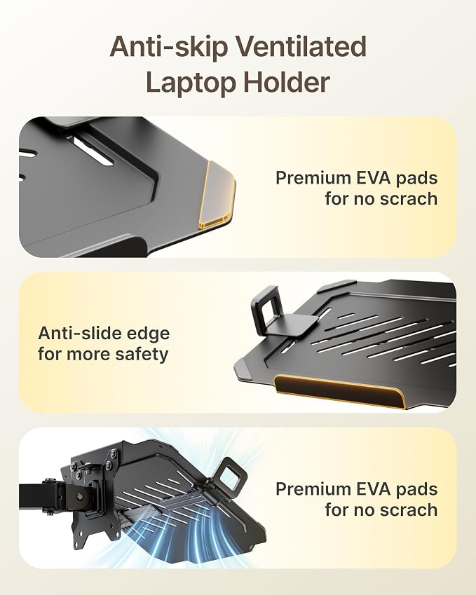 monTEK Monitor and Laptop Stand for 32" Screen and 17" Laptop | 2-in-1 desk mount holds 22 lbs, with height adjustment, tilt, swivel, clamp/grommet bases and VESA 75/100 - Image 6