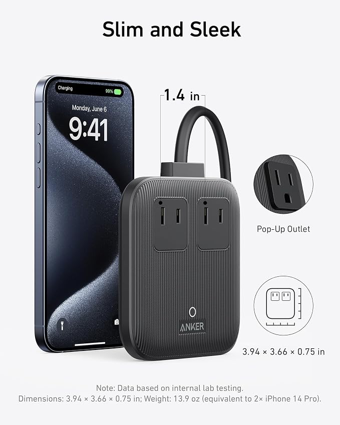 Anker Travel Power Strip, Anker Nano 67W Max 6-in-1 USB C Charger, 2 USB C | 2 AC, 2 USB A, 5ft Thin Undetachable Flat Plug Extension Cord with Multiple Outlets, Travel Essentials, Cruise Essentials - Image 3