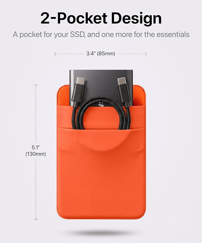 2-Pocket SSD & Hard Drive Holder for Laptop, Reusable 3M Adhesive | Stick-On Sleeve for Portable SSDs | 5.1 x 3.4-Inch Pouch | Separate Pocket for Cables | Built-In Safety Strap - Image 2