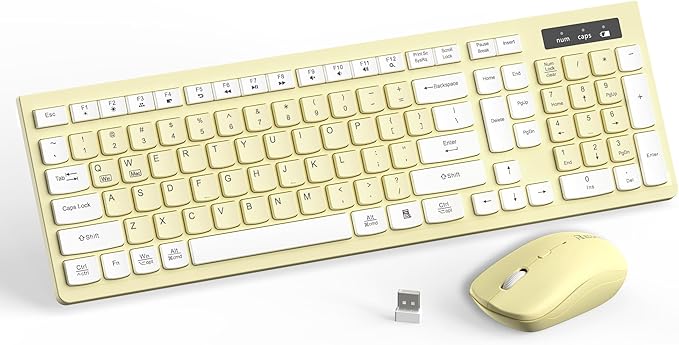 Wireless Keyboard and Mouse Combo Silent for Office and Home(Canary Yellow) | 2.4G Full Size Silent Cordless Keyboard with Tilt Legs,3-Level DPI Quiet Mouse,for Windows/Mac OS/Desktop/Laptop/PC by RECCAZR