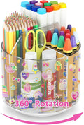 Acrylic Pencil Organizer for Desk Crayon Organizer with Adhesive Sticker | Rotating Art Supply Organizer with Kawaii Sticker, Spinning Marker Holder Organizer for Kids Small Lazy Susan with 4 Dividers by Wawocs