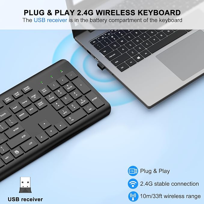 EDJO Wireless Keyboard, 2.4G Full-Sized Cordless USB Silent Computer Keyboard, Ergonomic Tilt Angle, Sleep Mode, Long Battery Life, for Windows, Mac OS Laptop/PC/Desktop/Notebook - Image 2