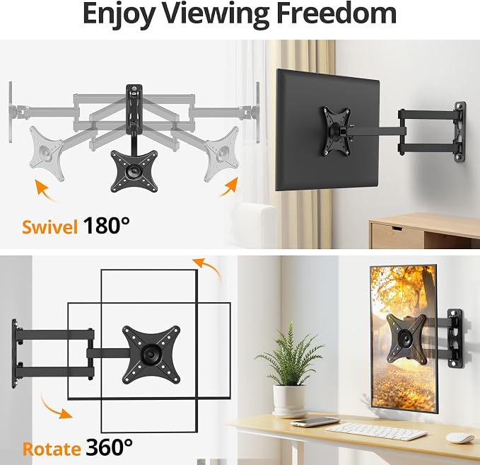 Full Motion TV Monitor Wall Mount Bracket for Most 13-32 Inch LED LCD Flat Curved Screen, Max VESA 100x100mm up to 33lbs, 360° Rotation Swivel Tilt Extension，Adjustable Articulating Arms - Image 2