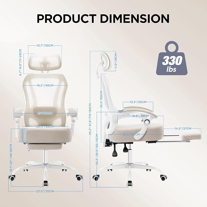 Ergonomic Office Chair with Footrest,Ultra Thick Desk Chair,Cream | 150°Reclining,Mesh High Back,Adjustable 2D Lumbar Support and Headrest,4.8" Spring Cushion,Premium Computer Chair for Adults - Image 2