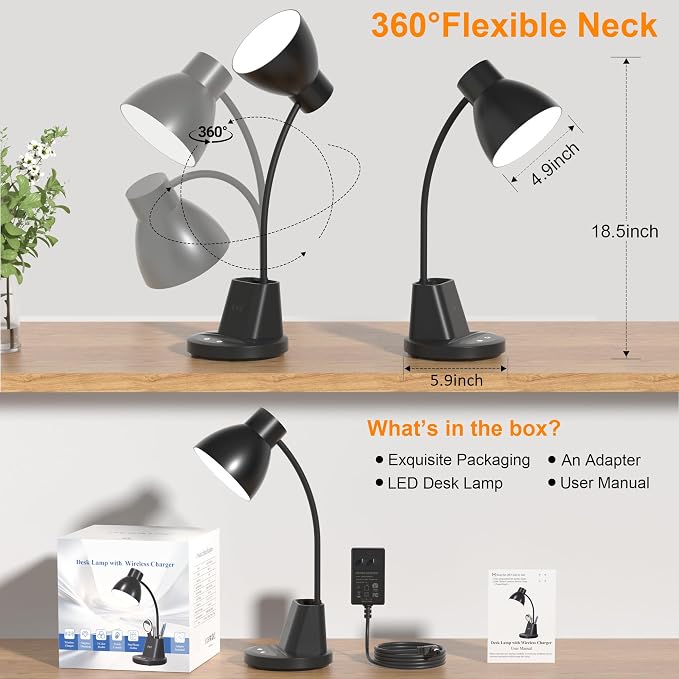 10W Wireless Charging LED Desk Lamp with Pen Holder, CRI 95, Black | 800LM, 3 Modes, 360°Flexible Arm, Touch, Brightness, Table Lamp for Home Office, Dorm, Bedside, Study, Reading, with Adapter - Image 7