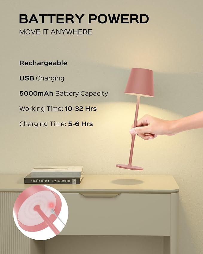 JACKYLED Cordless Table Lamps Rechargeable, 3 Adjustable Height, 5000Capactiy Opwer Operated, 3 Colors Smooth Dimming, Portable LED Waterproof Table Lamp for Dining, Bedroom, Outdoor ((2 Pack Pink) - Image 8