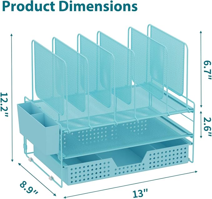 LEKETREE Teal Desk Organizer, Office Organization with Vertical File Holder, File Organizer with Drawer and Pen Holder, Desk Accessories and Workspace Organizers for Home Office (Sky Blue) - Image 7
