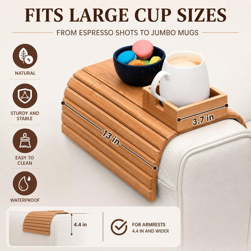 Sofa Arm Tray Table with Cup Holder, Bamboo Couch Armrest Organizer for Remote, Phone, Snacks, Foldable Non-Slip Couch Arm Table Fits Most Sofas, Couches and Recliners - Image 3