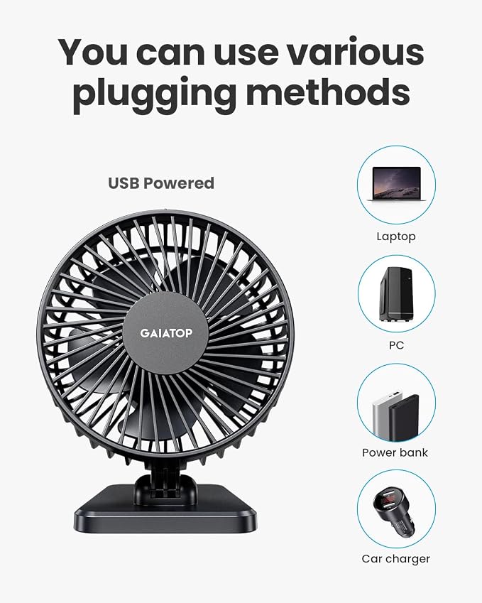 Gaiatop USB Desk Fan, Personal Portable Quiet Small Table Desktop fan | Powerful Mini 3 Speeds, Adjustable Head, for Cooling Home Office Car Summer Travel Gifts Black - Image 8