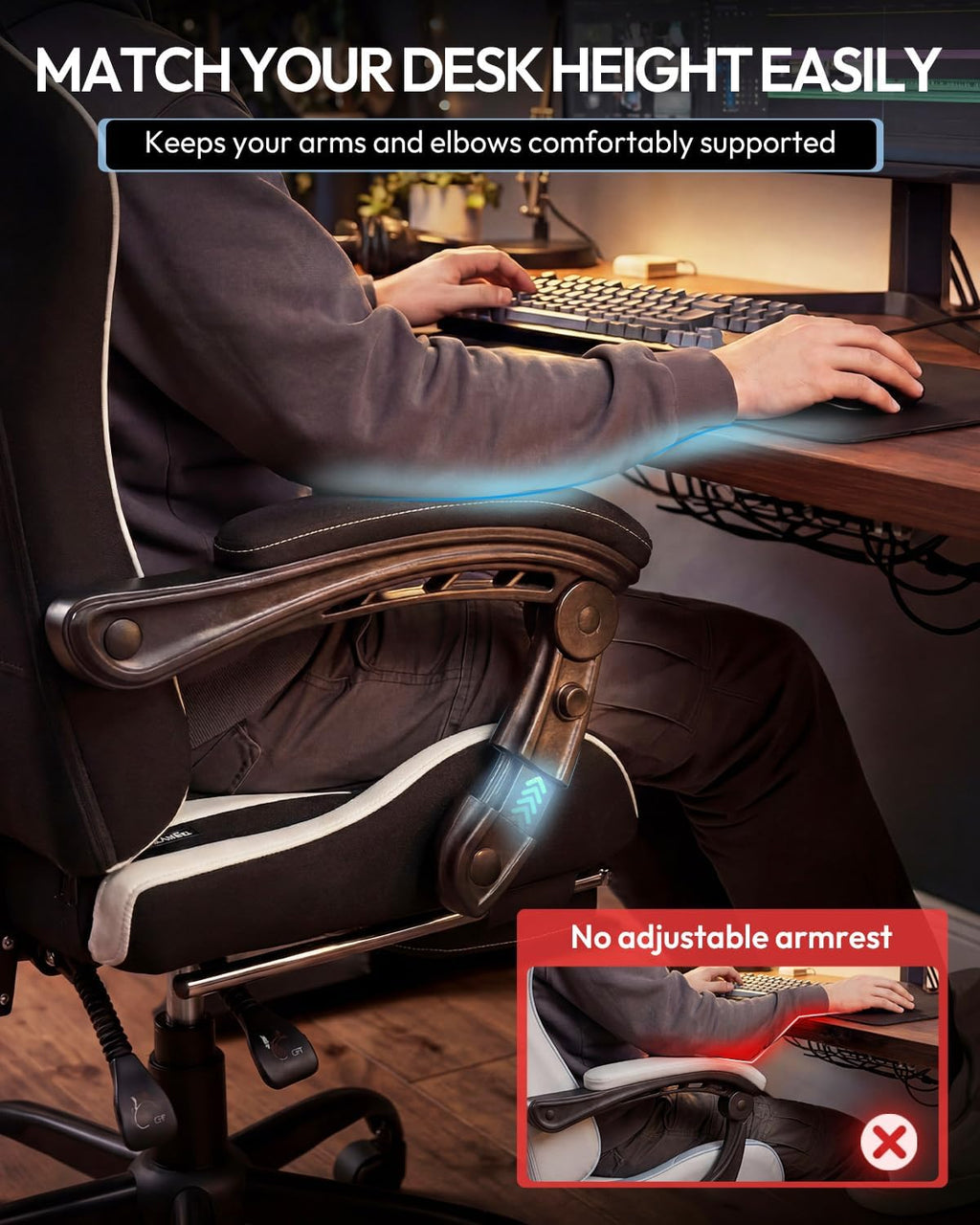 Dowinx Ergonomic Gaming Chair with Footrest & Massage Lumbar, 2D-Linkage Armrests for Computer Chair 330lbs with Headrest Pillow for Office, Home, Streaming and Long Gaming Sessions, Fabric White - Image 4