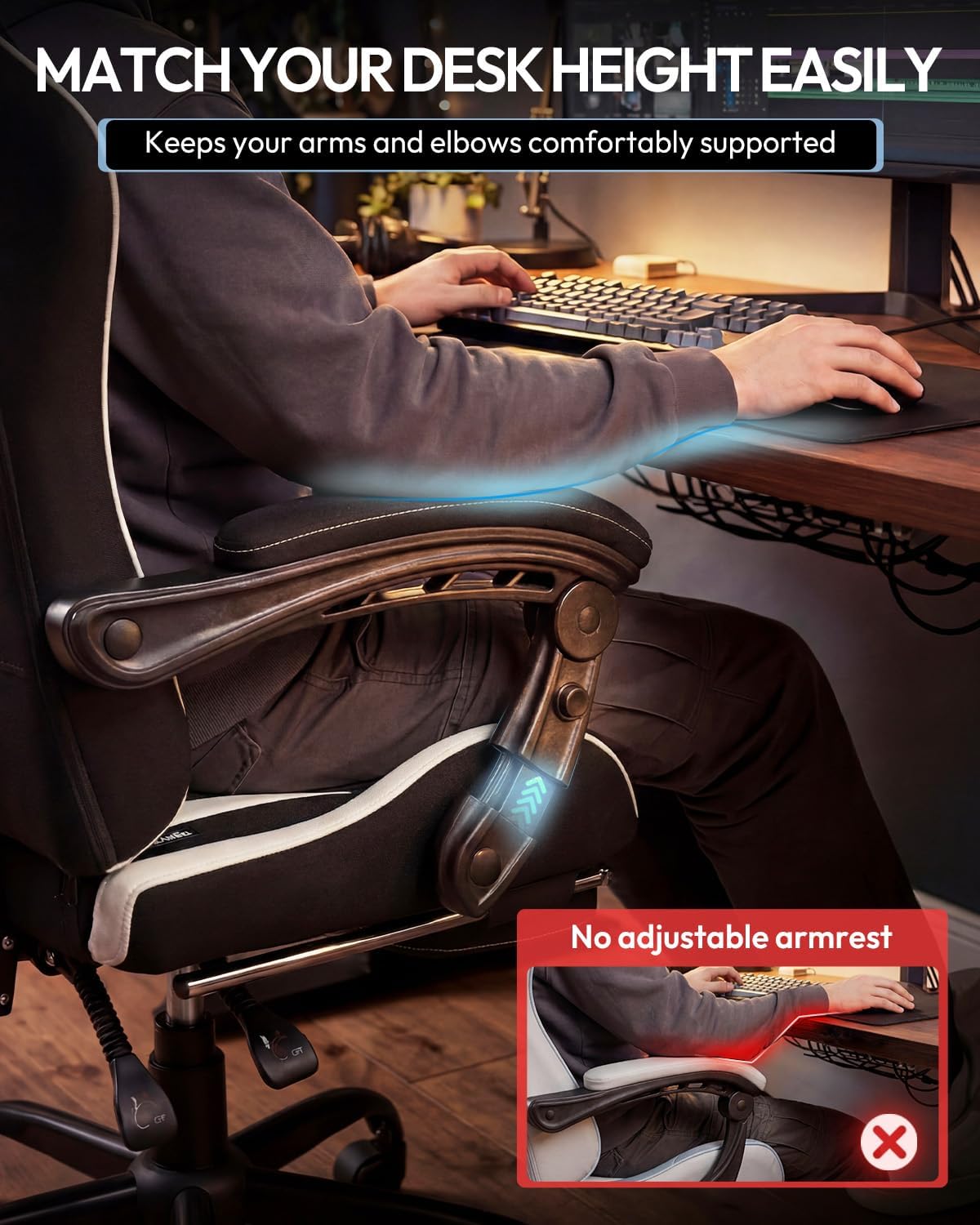 Dowinx Ergonomic Gaming Chair with Footrest & Massage Lumbar, 2D-Linkage Armrests for Computer Chair 330lbs with Headrest Pillow for Office, Home, Streaming and Long Gaming Sessions, Fabric White - Image 4