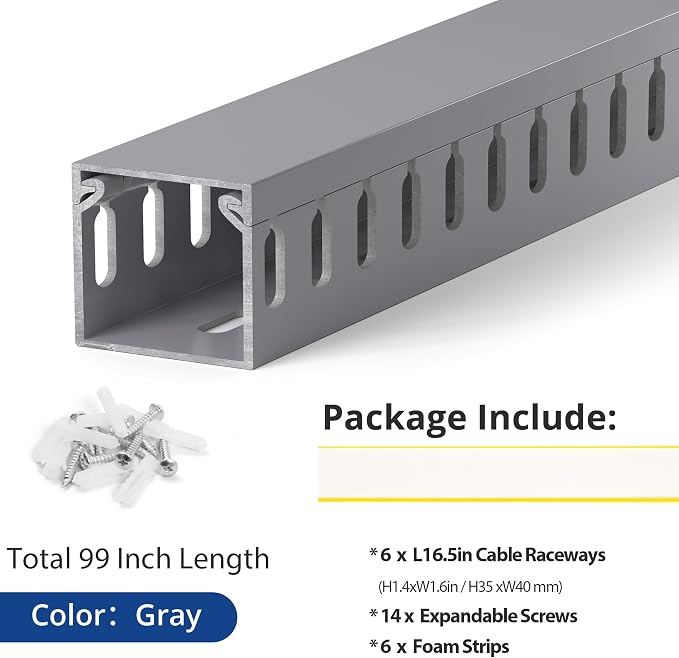 1.4"H x 1.6"W Cable Raceway, 99in Under Desk Wire Management Channel, Grey | Slotted Wire Duct, 6Pack, 16.5in Each, Heavy-Duty PVC Cable Management for Server Racks, Network Cables & Electrical Cabinets - Image 4