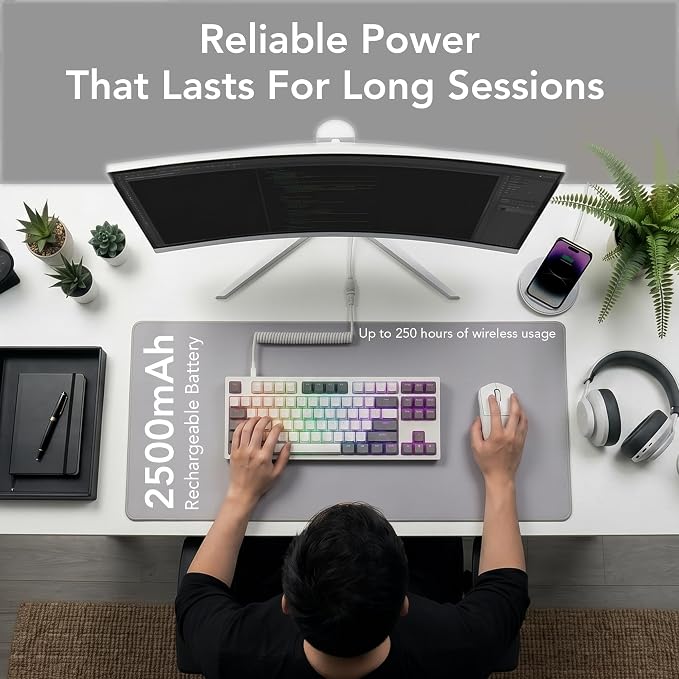 TECWARE Phantom+ Elite 87 Key RGB Mechanical Gaming Keyboard | 3-Mode Wireless Bluetooth 5.0, 2.4GHz & USB-C Wired | Hot-Swappable 5-Pin | Double-Shot PBT Keycaps | Wraith Brown Switch - White - Image 7