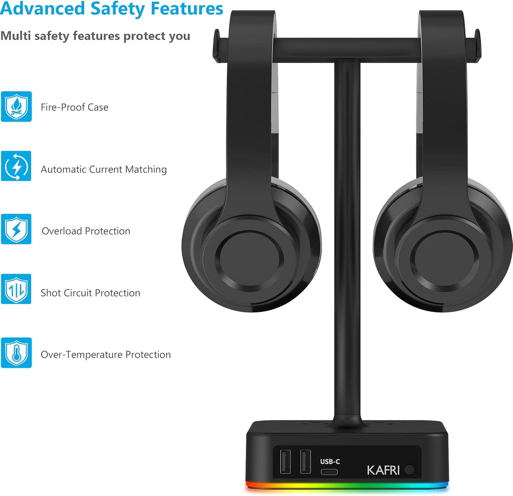 KAFRI RGB Dual Headphone Stand with USB C Charger Desk Gaming Double Headset Holder Hanger Rack with 3 USB Charging Port and 2 Outlet - Suitable for Gamer Desktop Table Game Earphone Accessories Gift - Image 6