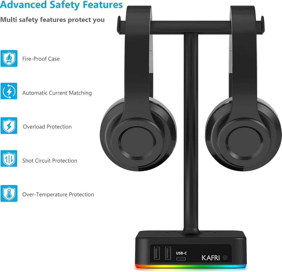 KAFRI RGB Dual Headphone Stand with USB C Charger Desk Gaming Double Headset Holder Hanger Rack with 3 USB Charging Port and 2 Outlet - Suitable for Gamer Desktop Table Game Earphone Accessories Gift - Image 6
