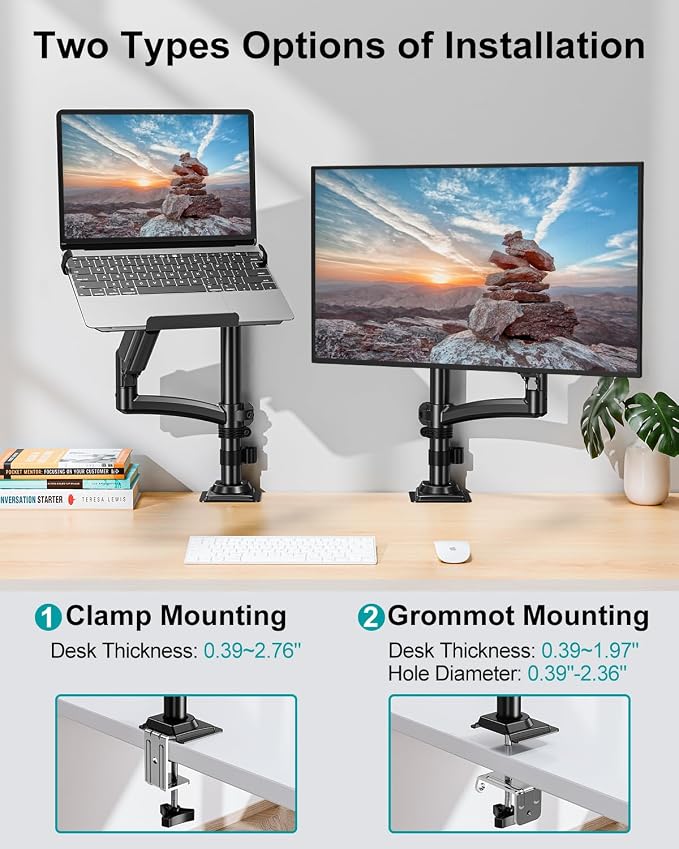 MOUNT PRO Laptop Arm Desk Mount, Single Monitor Stand with VESA Laptop Tray, Adjustable Lap Top Holder for Max 22lbs 17" Notebook & 32" Computer Screen, Swivel Notebook Bracket, Clamp on/Grommet Base - Image 8