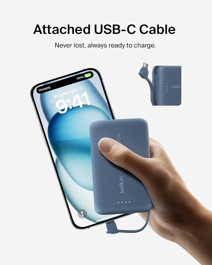 Belkin 10000mAh 20W USB C Power Bank, Portable Charger for iPhone & iPad | Fast Charging, Integrated USB C Cable, Eatra USB C Port, iPhone 17, iPad, Samsung Galaxy S26, Charge 2 Devices - Image 9