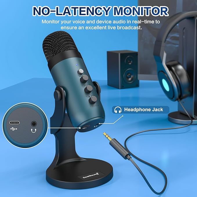 ZealSound Podcast Microphone for PC, Noise Cancellation USB Mic with Gain, Volume Adjustment & Mute Button, Monitoring & Echo, for YouTube, TikTok, Podcasting, Streaming, iPhone, iPad, Android(Teal) - Image 4