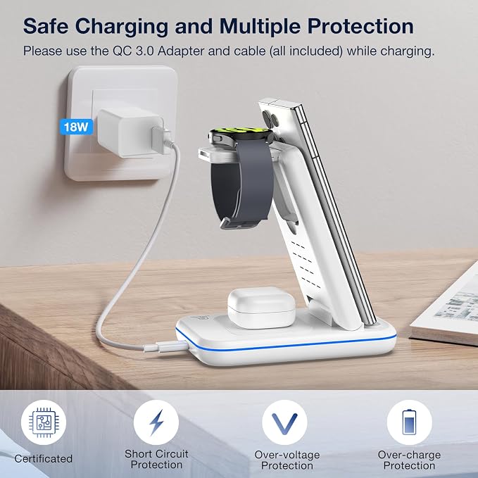 Wireless Charger for Samsung/Android, HOLYJOY Foldable 3 in 1 Fast Charging Station/Stand/Multi Charger for Samsung S25 Ultra/S24/Note 20,Travel Pad for Galaxy Watch 8/7/6/5/4/Active 2,For Buds(Ivory) - Image 7