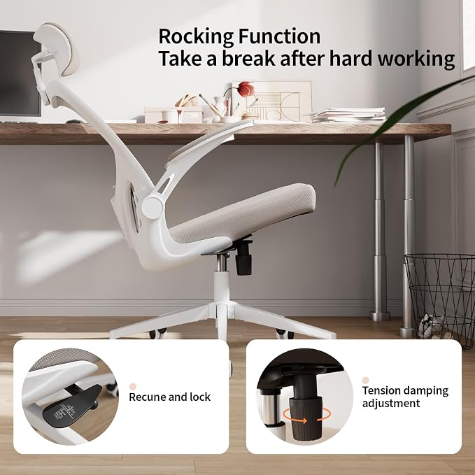 Office Chair Ergonomic Desk Chair with Lumbar Support&Headrest&Flip-up Arms Height Adjustable Rocking Swivel High Computer Chair Multi-Angle from 90° to 125° with 350LBS Capacity(White+Khaki-2) - Image 7