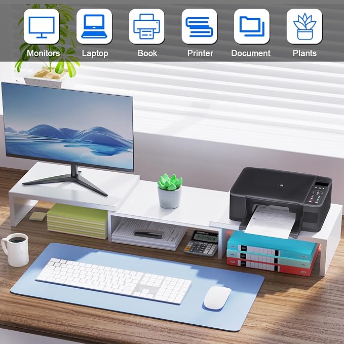 Desk Organizers and Accessories, Dual Monitor Stand Riser, Monitor Desk Shelf for Desktop Organization (White) - Image 6