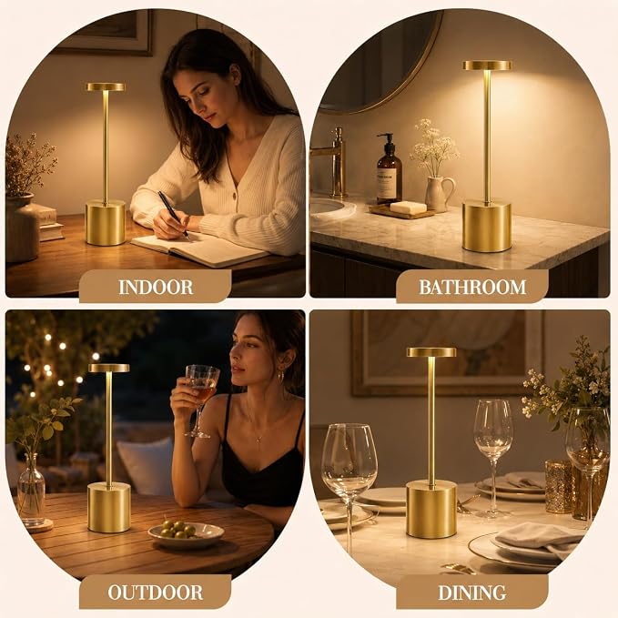 AUDLES Gold Cordless Table Lamps Set of 2, Brass Rechargeable Lamp, Battery Operated Lamps for Wedding Centerpiece & Holiday Tablescape, Touch Dimmable Glam Bedroom Nightstand Lamp, IP54 Waterproof - Image 8