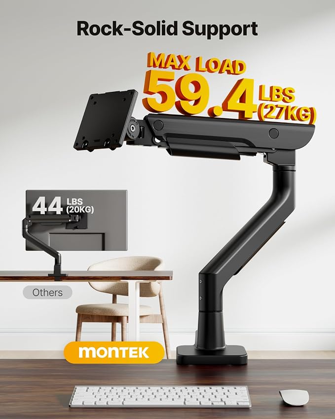 monTEK Heavy-Duty Monitor Arm for 17-57" Ultrawide, 59.4 lbs, Black | Pneumatic lift, quick-release VESA 75/100 plate, full motion, clamp/grommet bases and hidden cable routing - Image 6