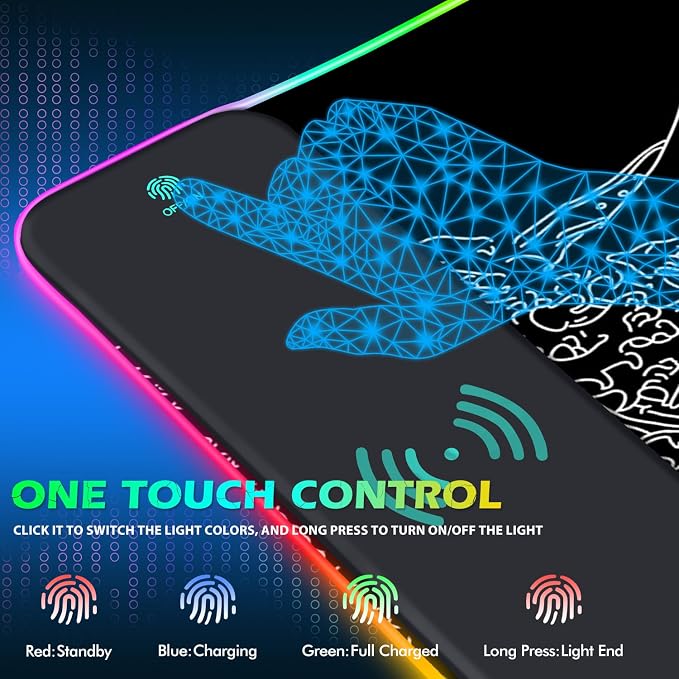ToLuLu RGB Wireless Charging Gaming Mouse Pad, 7.5/10/15W 10 Light Modes LED Mouse Pad Computer Keyboard Mat Mousepad, 800x300x4MM Extended Large Desk Pad Mat, Japanese Kanagawa Sea Wave Black White - Image 4