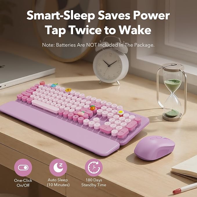 Wireless Keyboard and Mouse Combo, Round Keycaps, Full-Size Retro Typewriter Keyboard with Magnetic Wrist Rest, Tilt Legs, 2.4GHz Cordless Connection for Mac/Windows/PC, SABLUTE CK23, Lavender Purple | Full-Size Typewriter-Style Keyboard, Tilt Legs, 2.... - Image 4