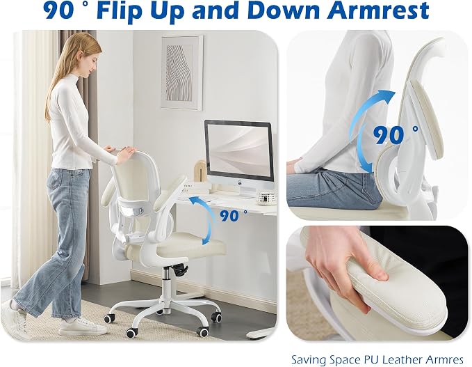 TRALT Ergonomic Office Chair Desk Chair with Adjustable Lumbar Support | Desk Chair Comfy with Flip-up Armrests Ergonomic Chair - Mesh Computer Chairs for Adults, 330lbs, PU Leather (Beige, 1) - Image 6