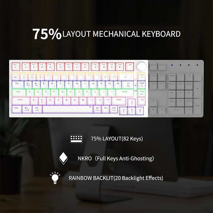 Newmen GM326 Mechanical Keyboard,75% Percent Gaming Keyboard,Wired Keyboard | Mechanical Keyboard,75% Percent Gaming Keyboard,Wired,Backlit,Hot Swappable,Compact,Mini,White,PC Keyboards,Knob,Red Switch - Image 5