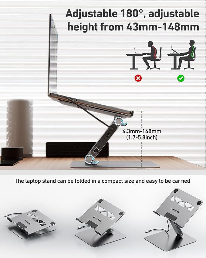 BENFEI Laptop Stand with USB C 6in1 Docking Station, HDMI 4K@60Hz,Gigabit Ethernet, 100W Power Delivery, 10Gbps 1*USB C 3.2 and 2*USB A 3.2 Compatible with MacBook Pro/Air, iPad Pro, XPS, Thinkpad - Image 9