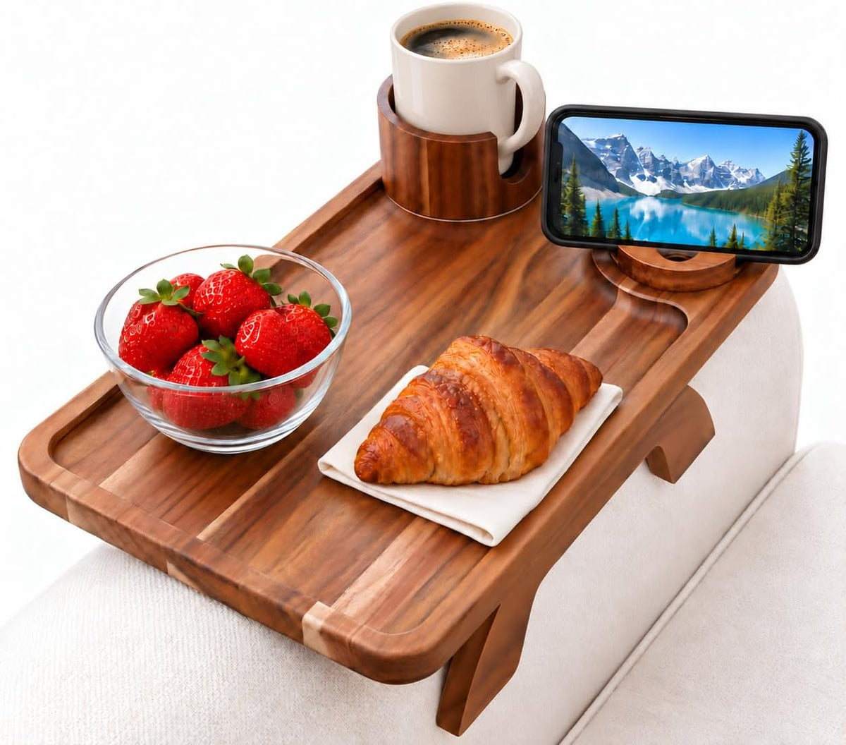 Couch Cup Holder Tray, Large 3-in-1 Acacia Wood Sofa Arm Rest Tray with Cup Holder & 360° Rotating Phone Stand, 15.36 × 9.85 Inches by CasaNivora
