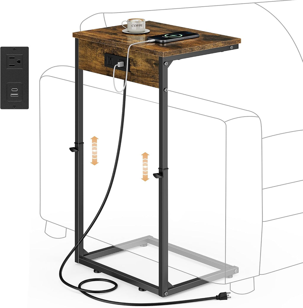 C Shaped End Table with Charging Station, Adjustable Height Side Table for Couch, Small Side Table, 33.2'' Tall Couch Tables that Slide Under, Tv Tray End Table for Living Room, Rustic Brown by Vagusicc