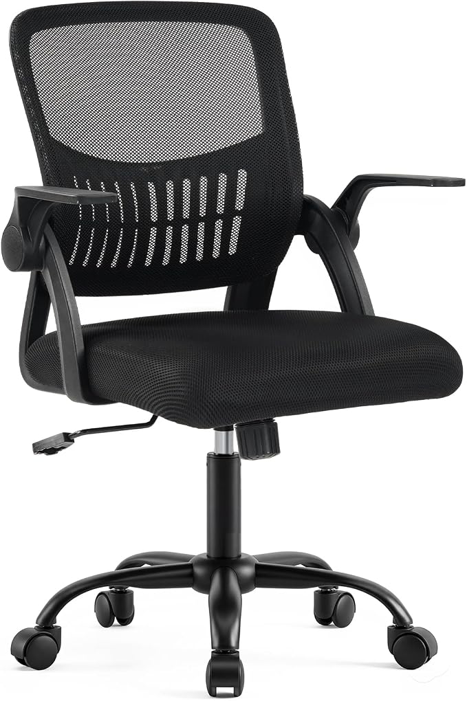 DUMOS Home Office Desk Chair, Computer Lumbar Support Chair | Ergonomic Mesh, Flip-up Armrest Height Adjustable, Rocking Mode 360 Swivel, Meeting Room, Black by DumosLifestyle