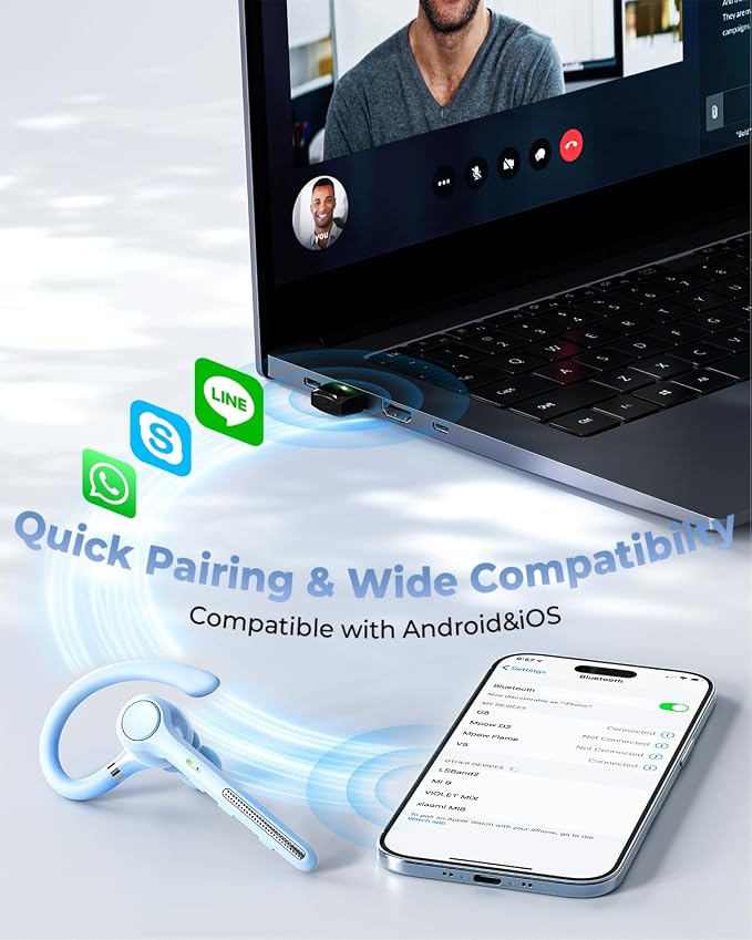 Ngsod Bluetooth Headset V5.4,USB Dongle Wireless Earpiece with Mic for Work | 500mAh Charging Case,50H Talk Time,Dual connect & Mute,ENC Noise Cancelling Lightest Headphones for Work Trucker,Light Blue - Image 7