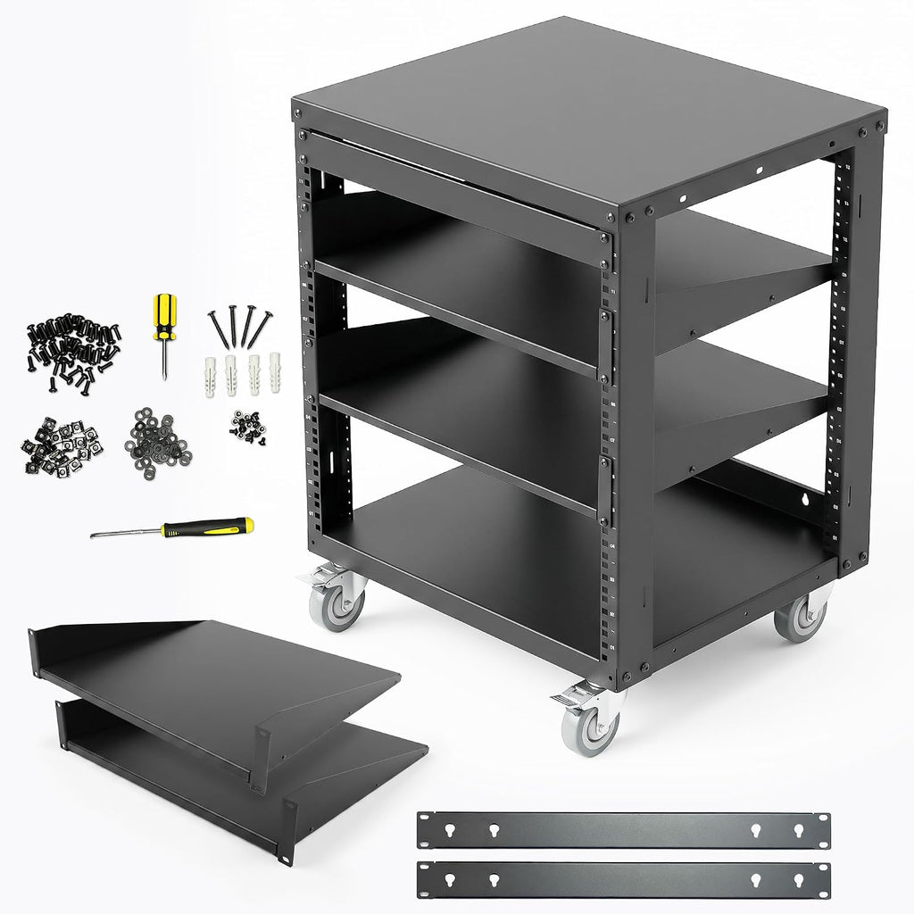 AxcessAbles 12U Open Frame Network Rack with Locking Caster Wheels - 440lb Capacity, 18" Depth | 19-Inch Open Server Rack, Two 2U Shelves, 10-32 Screws & Cage Nut Rails, Cage Nut Tool & Wall Kit by AXA AXCESSABLES