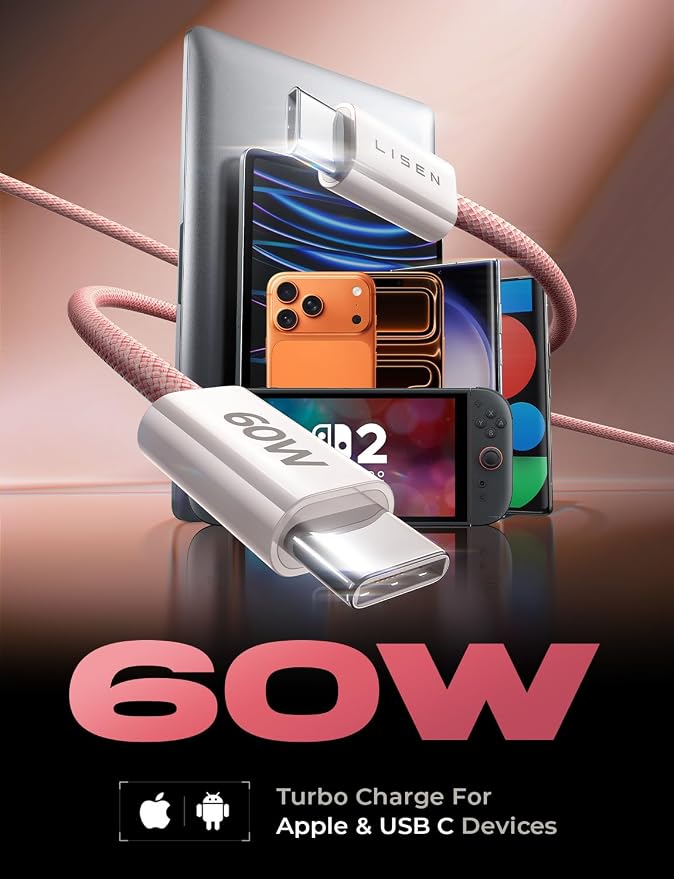 LISEN USB C to USB C Cable, 5-Pack [3.3/3.3/6.6/6.6/10FT] Pink for iPhone 17 Charger Cord, 60W C to C Cable Fast Charging for iPad, iPhone 17 Air 16 15 Pro Max, Samsung Z Flip 7/S25/S24 - Image 3