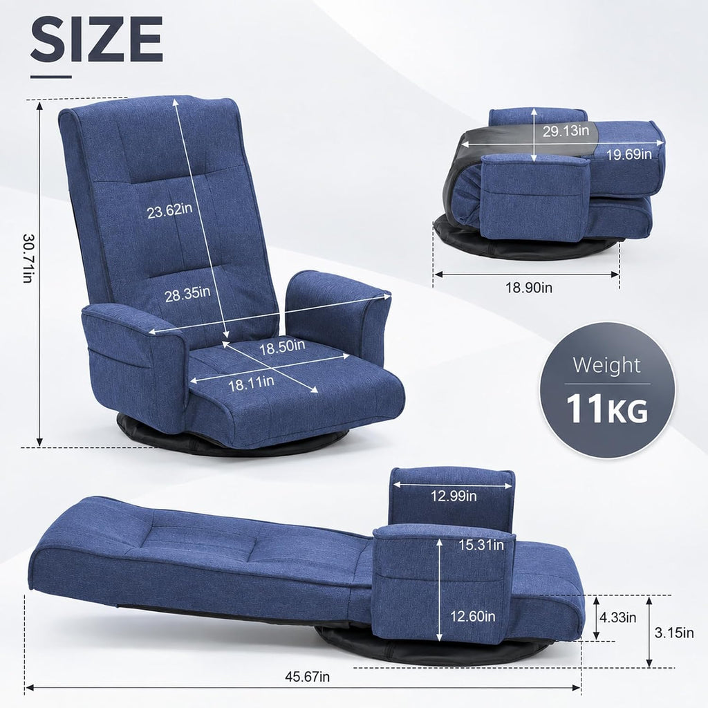 360° Swivel Floor Chair, Adjustable Reclining Floor Gaming Chair with Armrests, Linen Fabric Folding Lazy Sofa Chair, Multi-Position Floor Prayer Chair for Meditation Reading Napping, Blue - Image 2