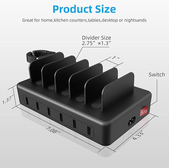 Charging Station for Multiple Devices, 50W 6 Ports USB Charger Station | with Apple Watch Holder & 6 Cables, for iPad Cellphone Kindle Tablet and Other Electronic, 1 USB-A to USB-C Adapter Converter - Image 3