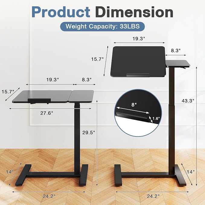 DUMOS Adjustable Bedside Overbed Table with Wheels, Black | Laptop Standing Desk with Tilting Top Height, Mobile Rolling Computer Cart for Hospital Home Bedroom Use - Image 5