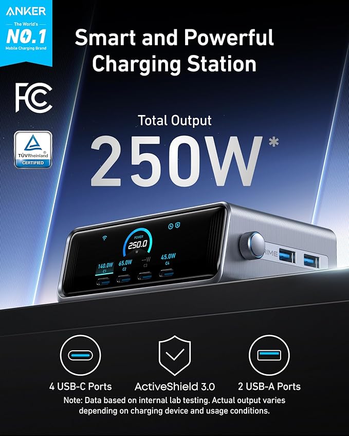 Anker Prime Charging Station, 250W 6-Port GaN USB C Charger | 2.26" LCD Smart Display Control, Compatible with iPhone, Galaxy, MacBook, Dell for Home Office, Gaming Desk Accessories - Image 2