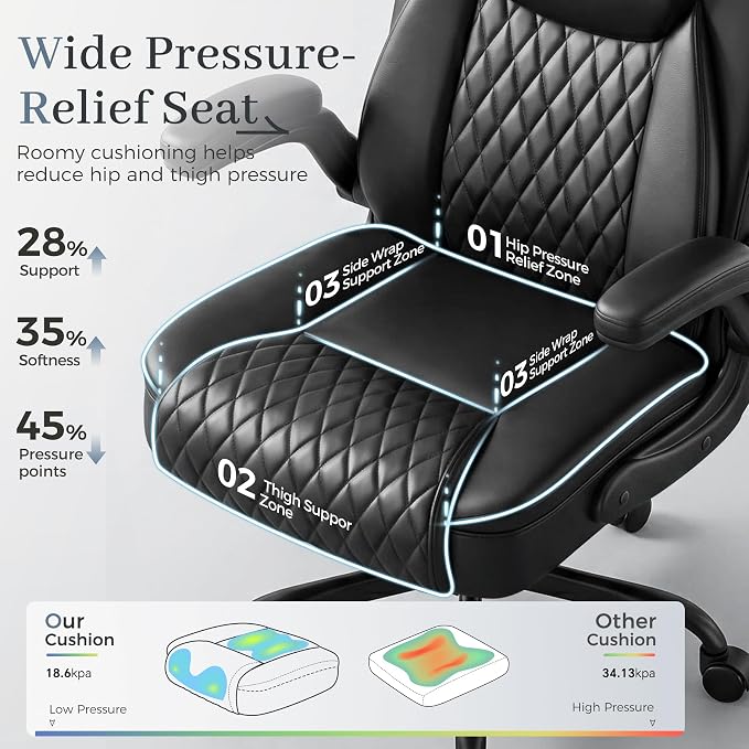 GTPOFFICE Executive Office Chair with Comfortable Lumbar Support, Ergonomic Gaming Chair with Flip-up Armrests & Zoned Pressure-Relief Cushion, Comfy PU Leather Desk Chair, Black - Image 4
