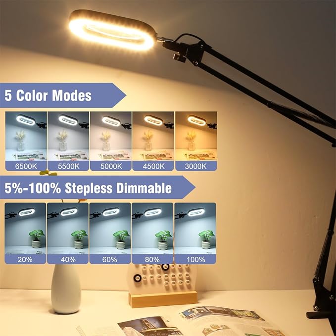 10X Large Magnifying Glass with Light and Clamp, Real Glass, 5 Color Modes, Stepless Dimmable, Lighted Magnifier with Stand Hands Free, LED Swing Arm Desk Lamp for Close Work, Craft, Reading, Painting - Image 5