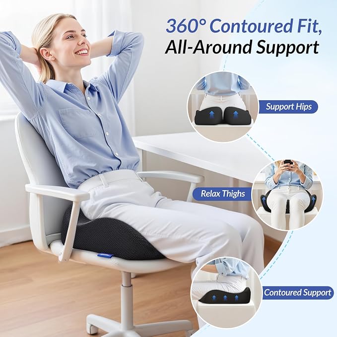 Pioneering Seat Cushion for Pressure Relief, Ergonomic Office Chair Cushion for Sciatica, Back, Hemorrhoids & Tailbone Pain Relief, High-Density Memory Foam Car Seat Cushion with Anti-Slip Base - Image 4