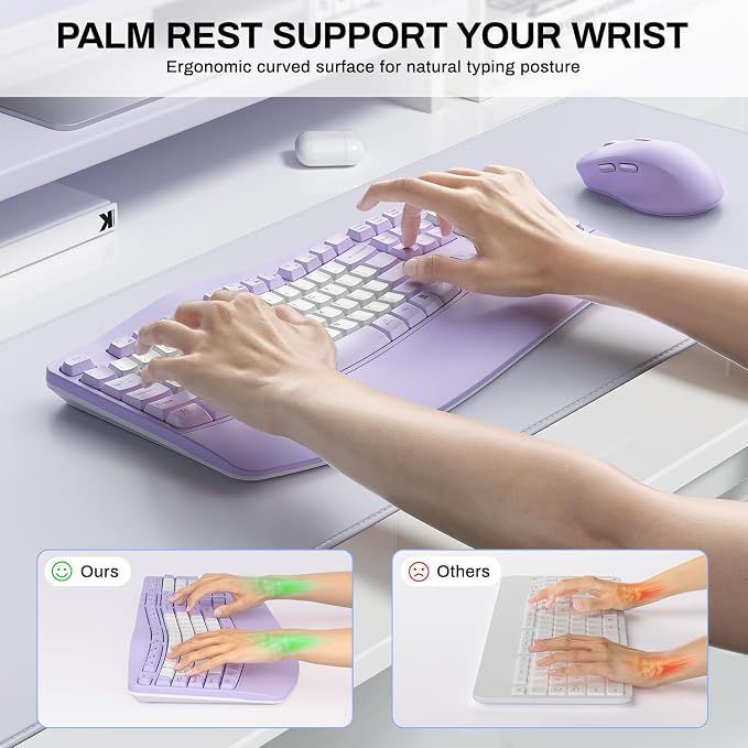 Wireless Keyboard and Mouse Combo,2.4G Ergonomic Wave Keys(Purple-B) | Full Size Cordless Keyboard with Wrist Rest,3-Level DPI Ergonomic Mouse for Office and Home,Windows/Mac OS/Desktop/Laptop/PC - Image 4